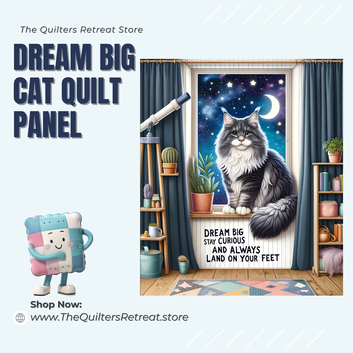Dream Big Cat Quilt Panel – Maine Coon's Delightful Fabric Panel with Pattern