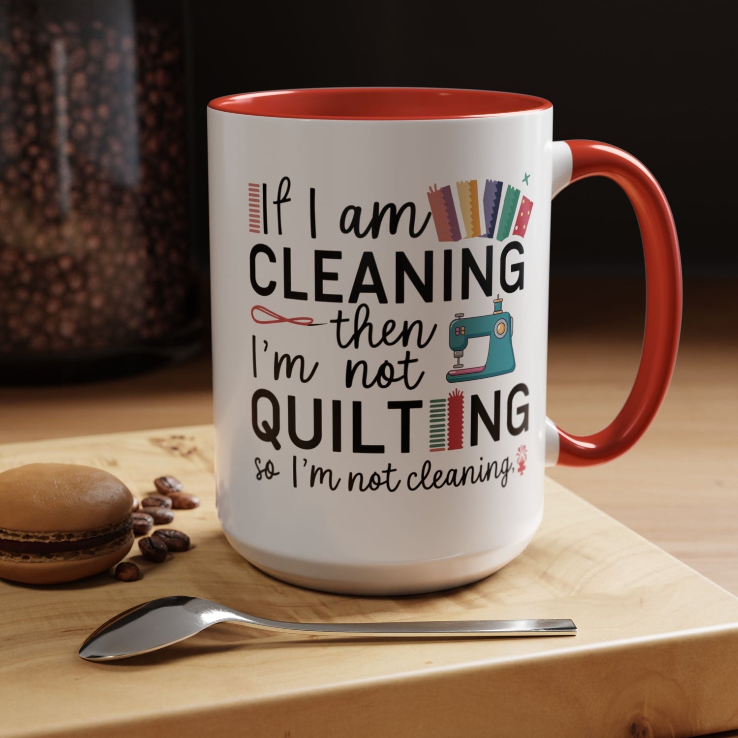 Assorted funny quilting mugs and drinkware with humorous designs and sayings for quilters