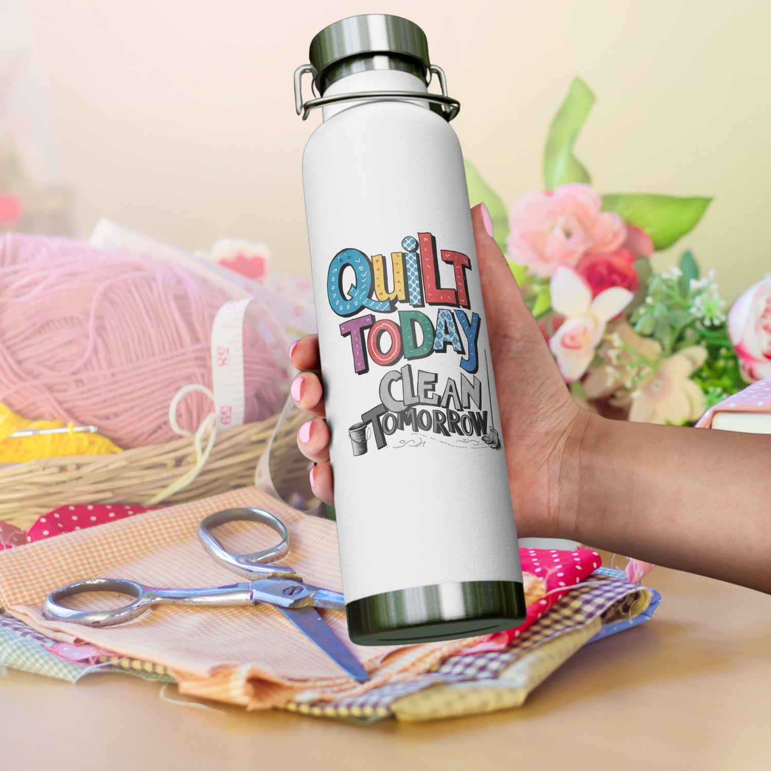 Assorted quilting-themed insulated cups, mugs, and gifts for quilters from the Quilting Insulated Cups & Mugs collection