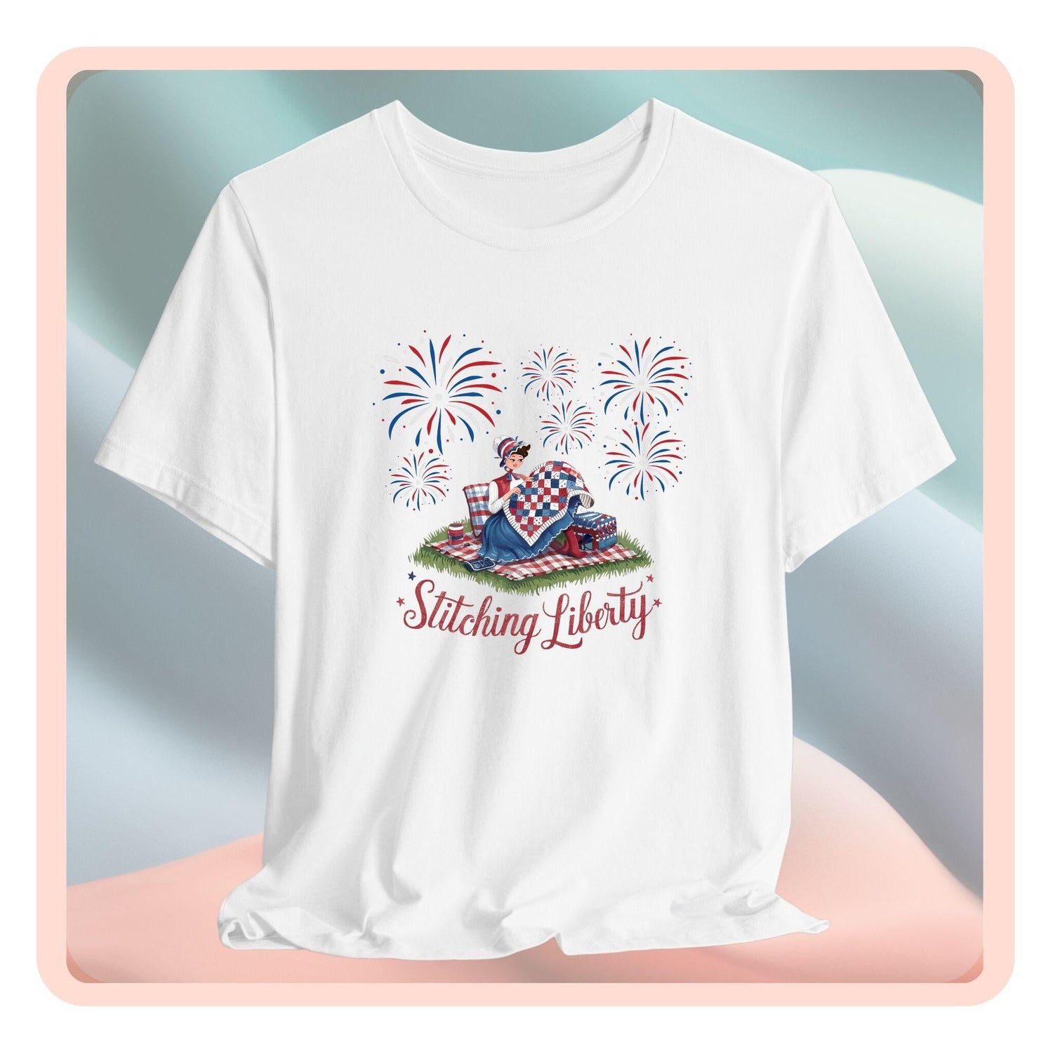 Assorted Independence Day-themed funny quilting t-shirts and gifts for quilters from the collection