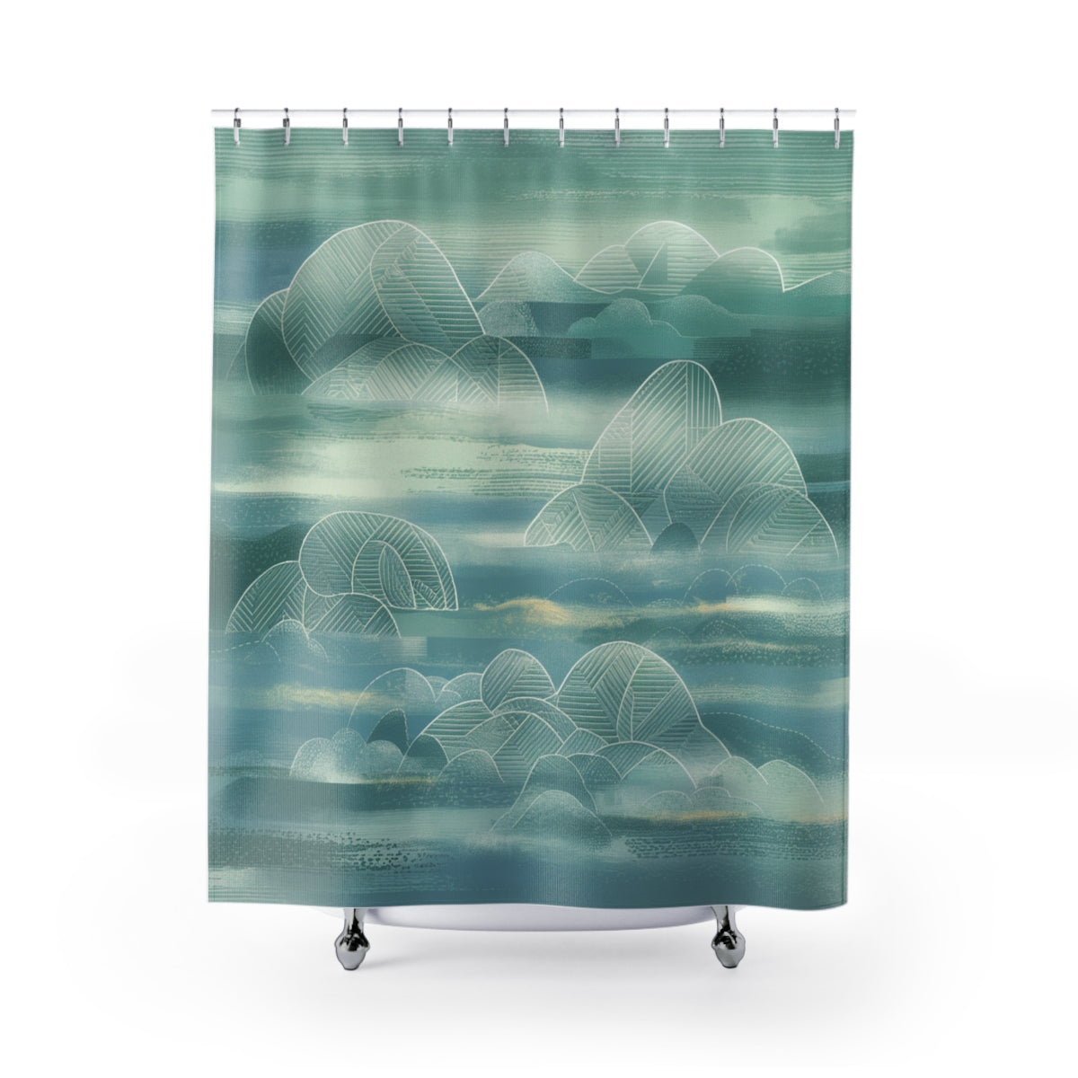 A quilting-inspired shower curtain with a tranquil shower curtain in greens and teals showing a quilted mountain scene.  A perfect gift for quilters.