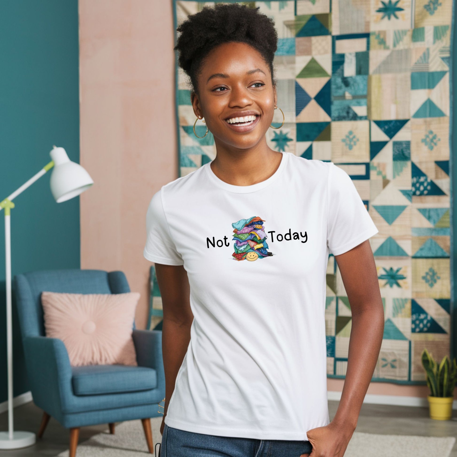 A funny quilting T-Shirt with the phrase Not Today showing an enormous pile of fabric on top of a cheerful quilter