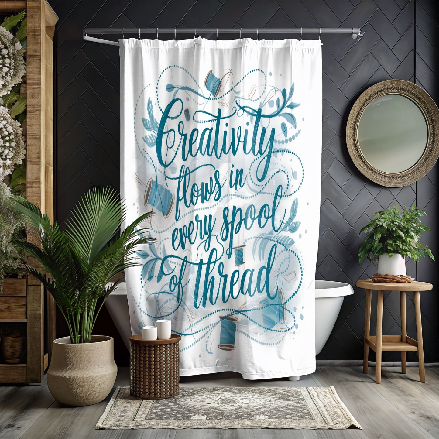 A quilting-inspired shower curtain with a sweet illustrated quilting design in calming blues with sewing illustrations.  A perfect gift for quilters.