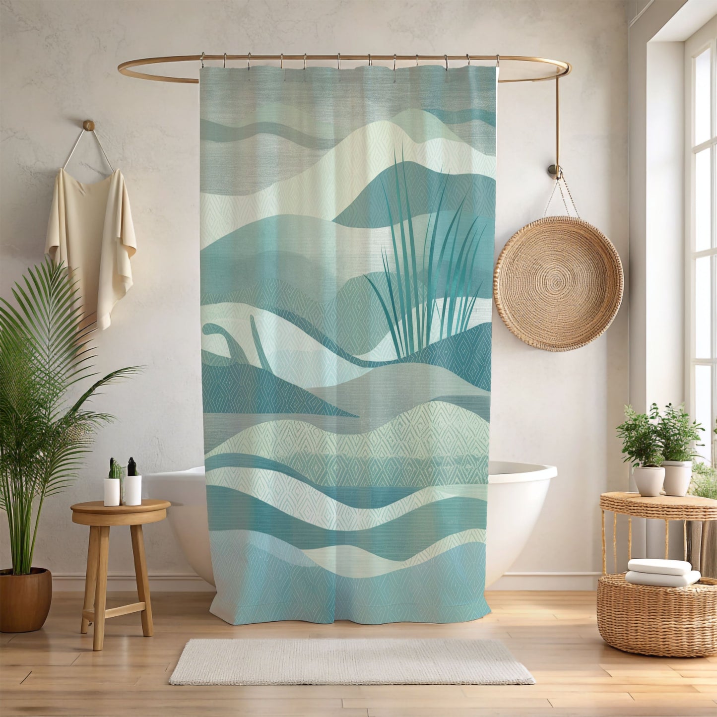 A quilting-inspired shower curtain with a tranquil shower curtain in greens and teals showing a quilted ocean scene.  A perfect gift for quilters.