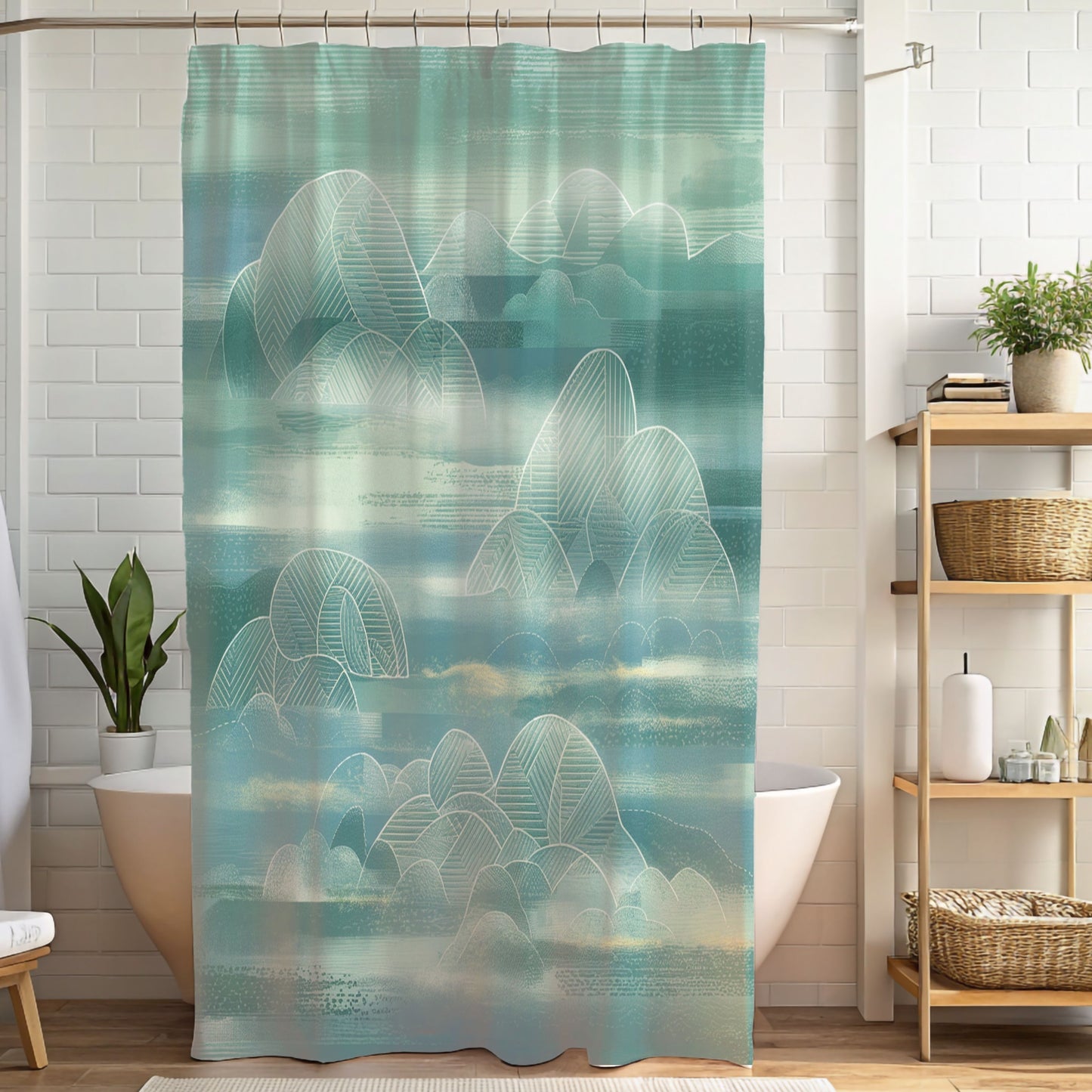 A quilting-inspired shower curtain with a tranquil shower curtain in greens and teals showing a quilted mountain scene.  A perfect gift for quilters.