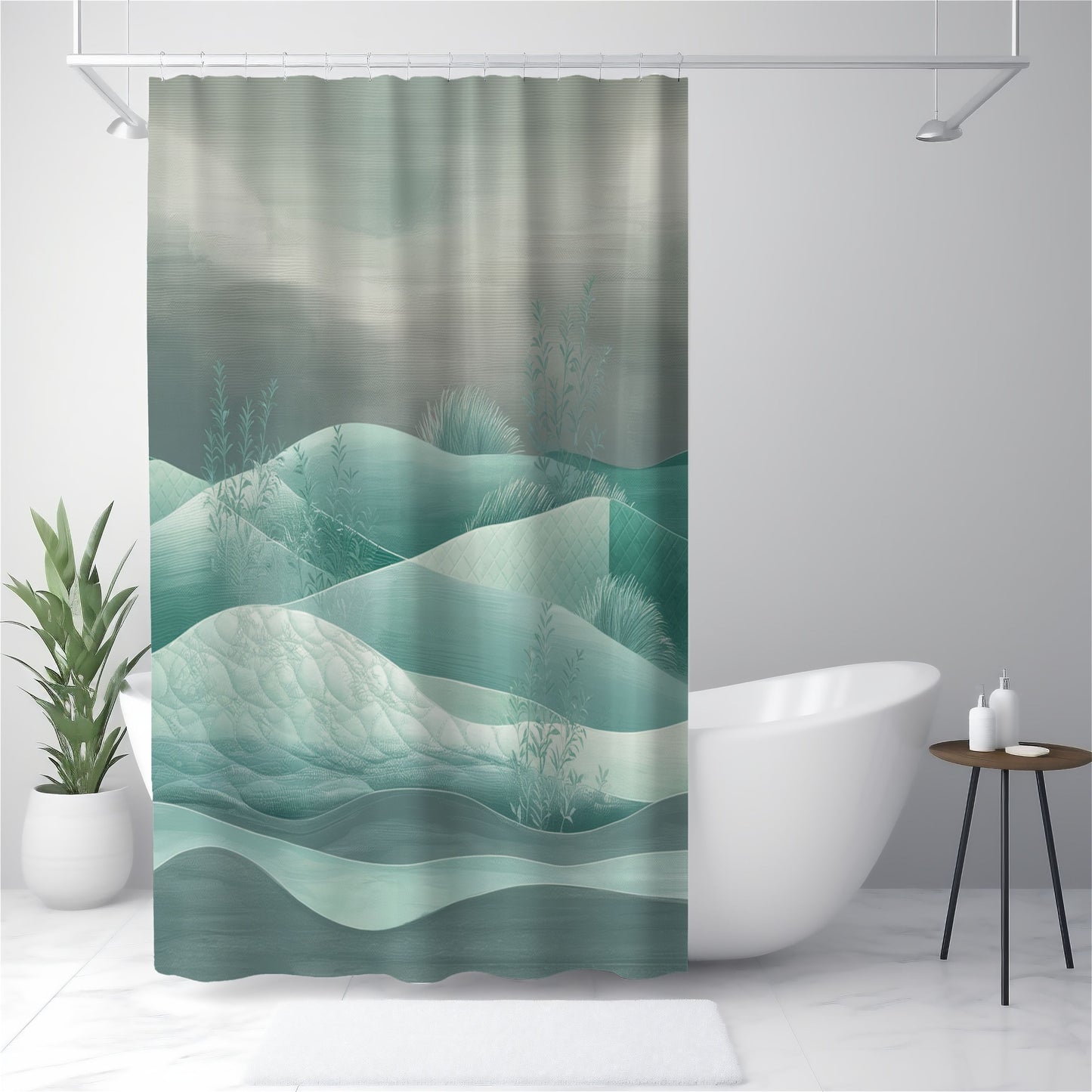 A quilting-inspired shower curtain with a tranquil shower curtain in greens and teals showing a quilted hillside scene.  A perfect gift for quilters.