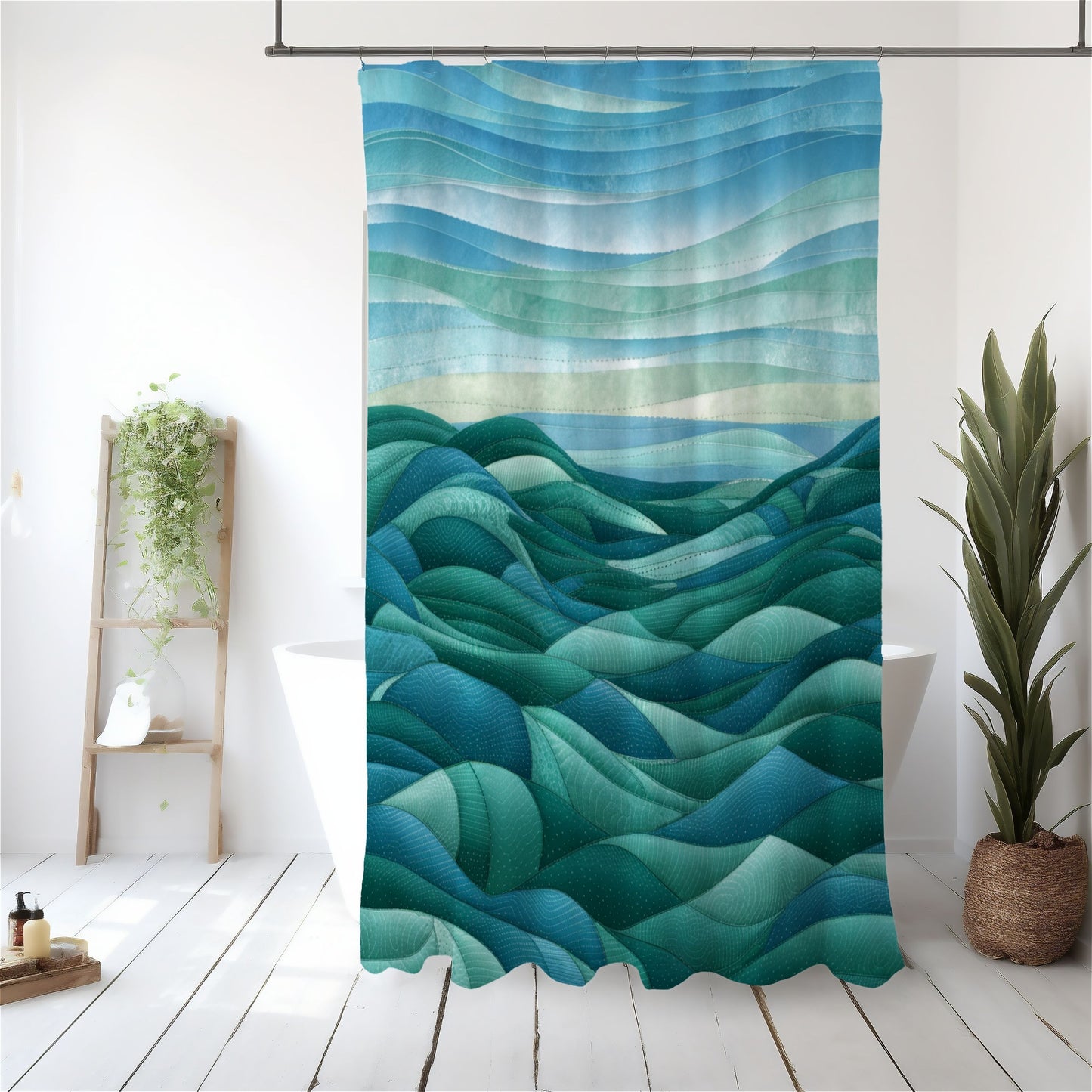 A quilting-inspired shower curtain with a soothing quilting design on a shower curtain.  A perfect gift for quilters.