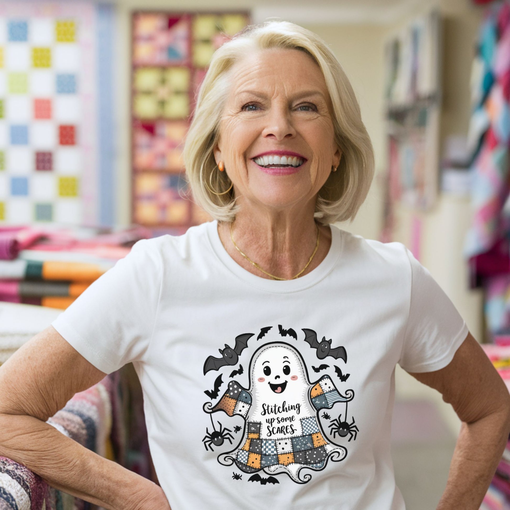 A Halloween Quilting T-Shirt featuring a smiling ghost with quilted patchwork body. Halloween-themed quilt patterns. Cute bats and spiders around ghost. Text reads "Stitching up some Scares". Ideal for quilters who enjoy Halloween themes.