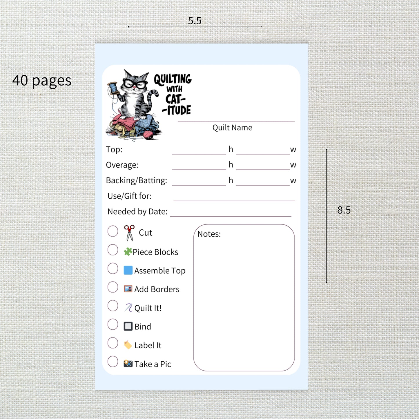 Handmade Quilting Project Planner Notepad – "Quilting with Cat-itude" - Fun Quilt Tracker for Quilters (Personalization available)
