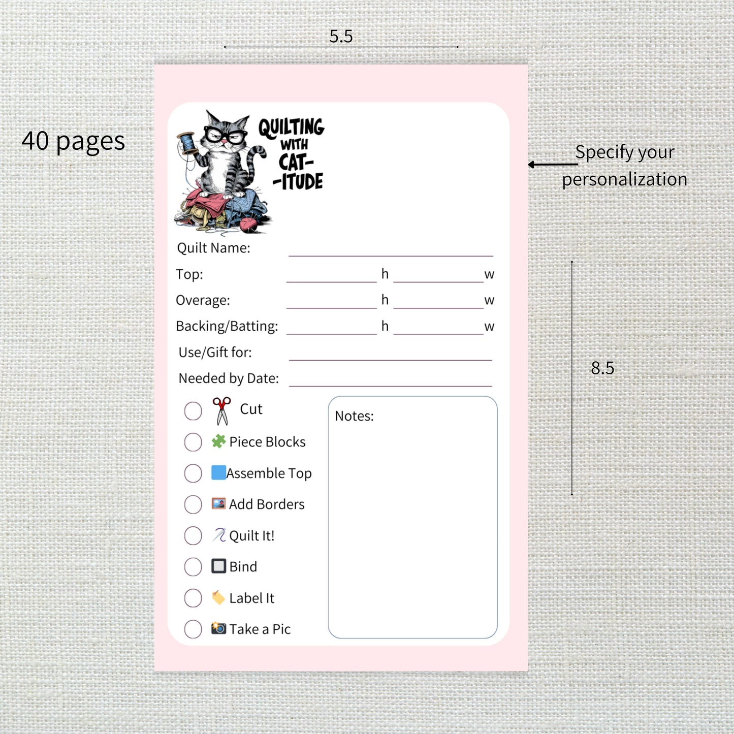 Handmade Quilting Project Planner Notepad – "Quilting with Cat-itude" - Fun Quilt Tracker for Quilters (Personalization available)
