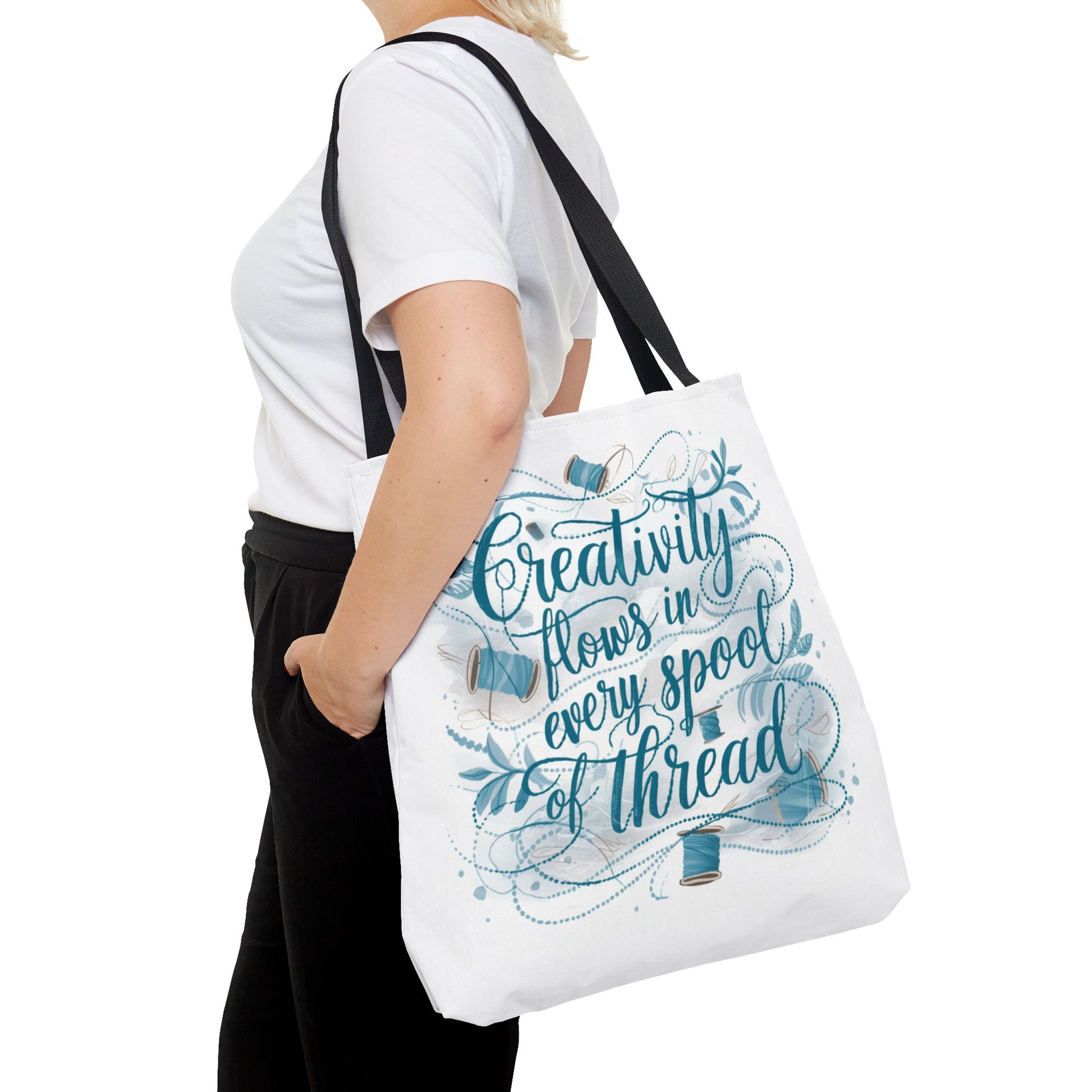 Quilting fans will love this quilting tote bag. Creativity Flows in Every Spool of Thread Tote Bag for Quilters adds charm to every quilting project.