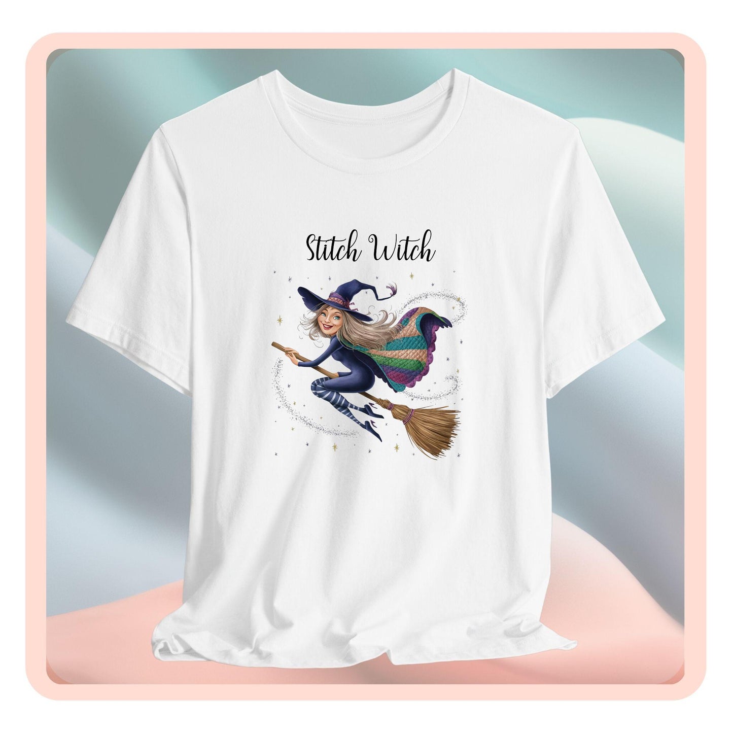 A Halloween Quilting T-Shirt featuring a witch riding broomstick on t-shirt design. Colorful patchwork quilt cape with various patterns. Sparkling magic and stars. Text reads "Stitch Witch". Ideal for quilters who enjoy magical themes.