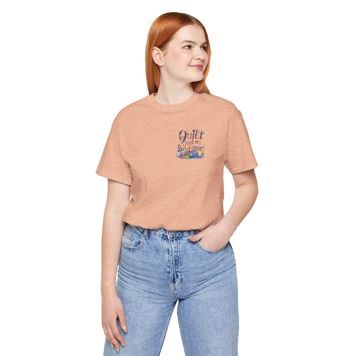 A Heather Peach funny quilting t-shirt with playful typography reading "I Quilt Past My Bedtime". Features quilting-themed elements like patchwork patterns and a sewing machine, perfect for enthusiastic quilters who enjoy late-night crafting sessions.