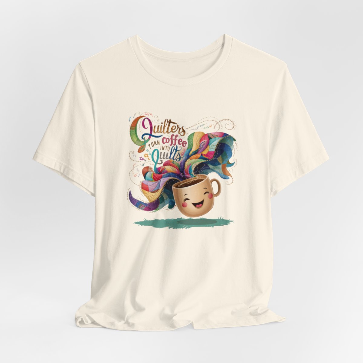 A Natural funny quilting T-Shirt with the phrase Quilters Turn Coffee Into Quilts showing a fun coffee cup and quilting design