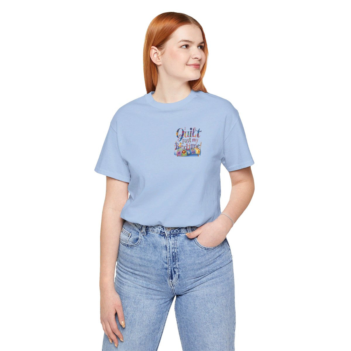 A Baby Blue funny quilting t-shirt with playful typography reading "I Quilt Past My Bedtime". Features quilting-themed elements like patchwork patterns and a sewing machine, perfect for enthusiastic quilters who enjoy late-night crafting sessions.