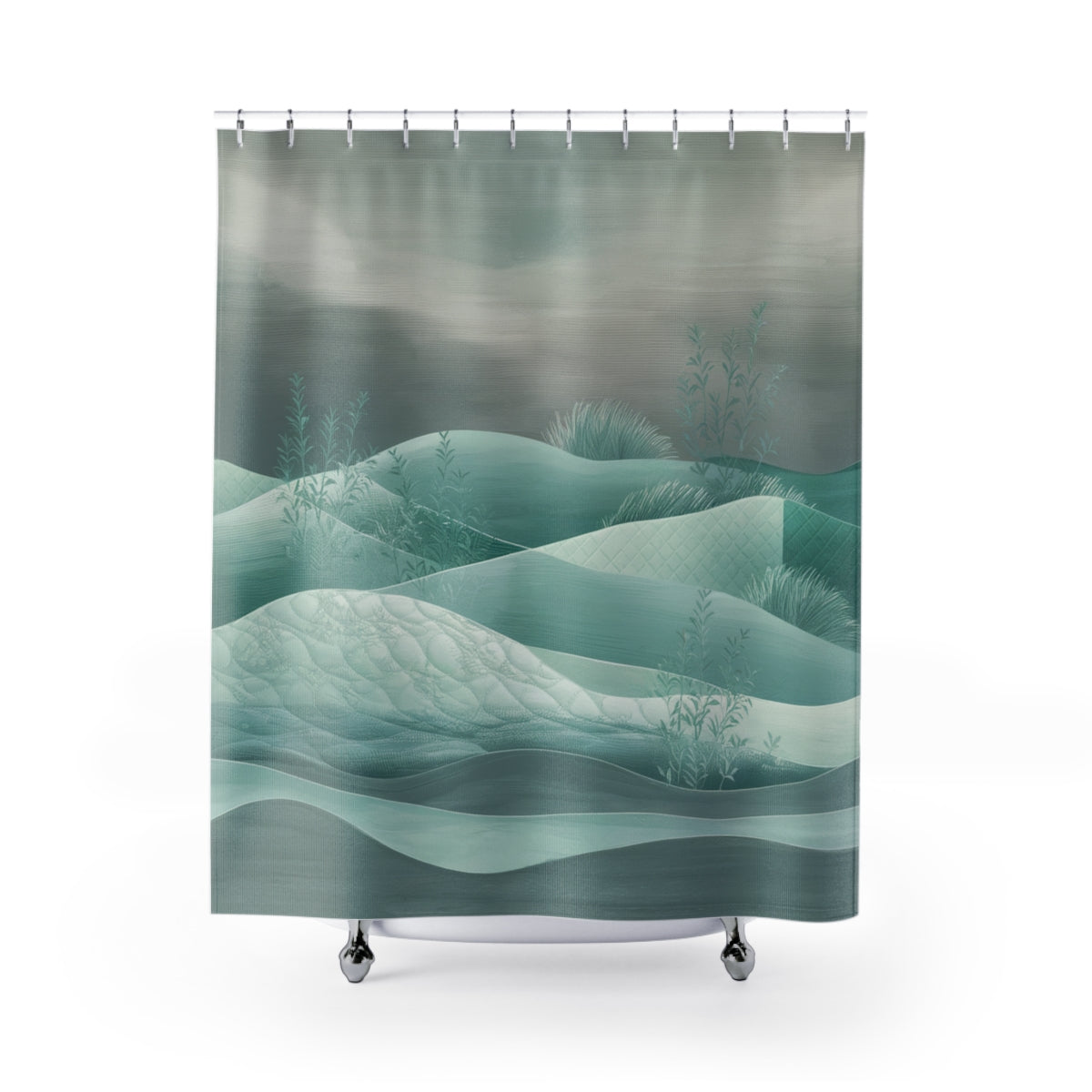 A quilting-inspired shower curtain with a tranquil shower curtain in greens and teals showing a quilted hillside scene.  A perfect gift for quilters.