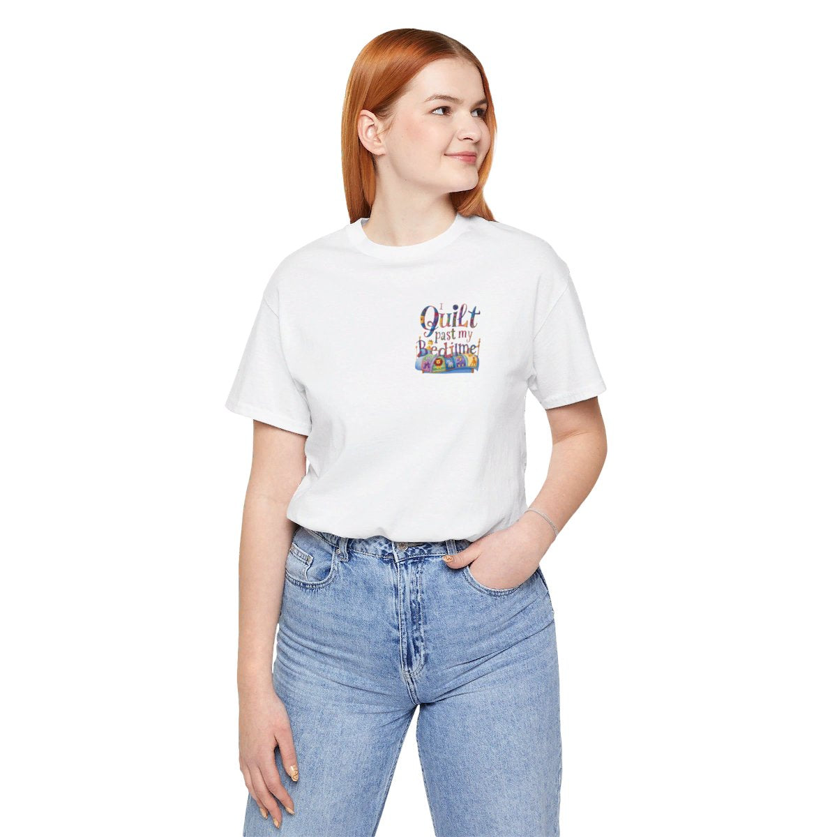 A White funny quilting t-shirt with playful typography reading "I Quilt Past My Bedtime". Features quilting-themed elements like patchwork patterns and a sewing machine, perfect for enthusiastic quilters who enjoy late-night crafting sessions.