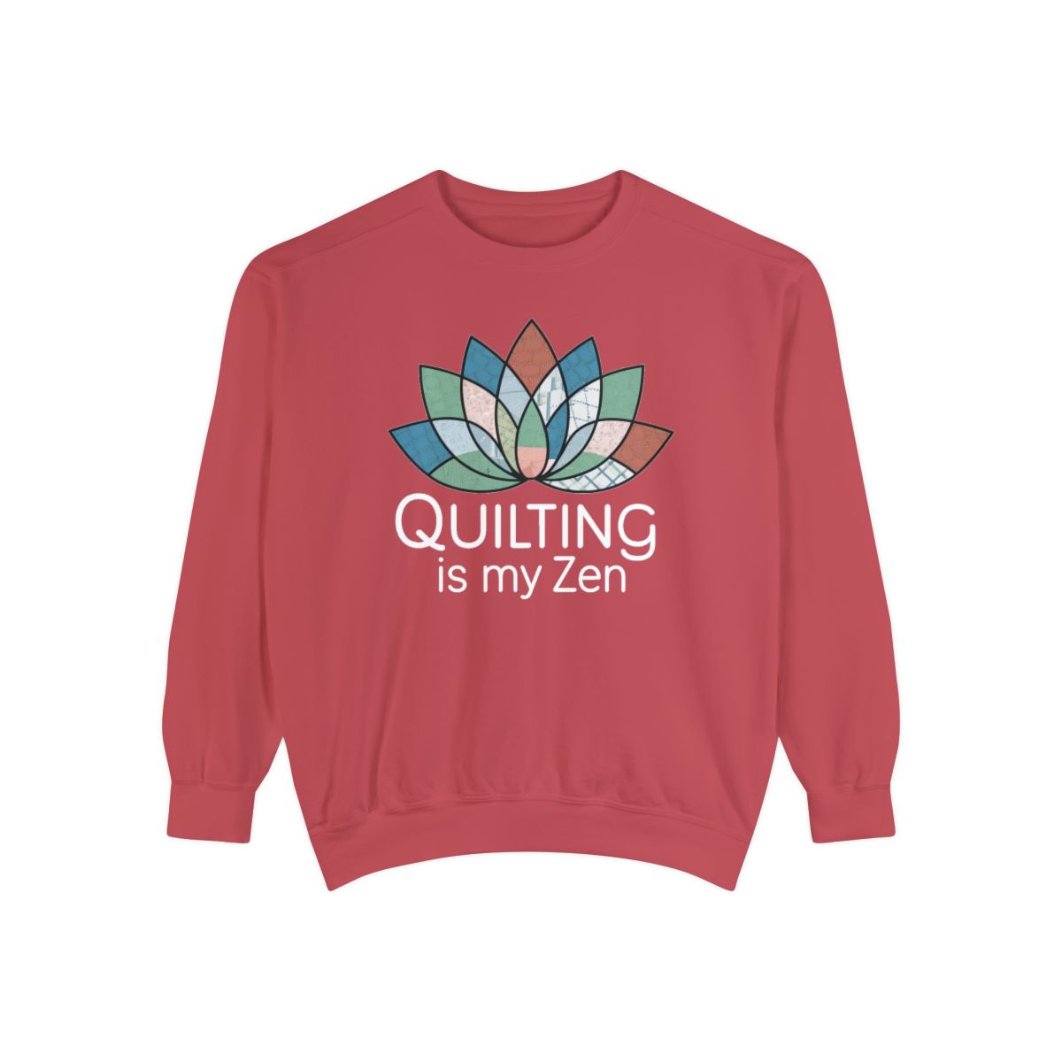 A Crimson funny Sweatshirt with the phrase Quilting is my Zen on a quilting-themed t-shirt with a lotus flower design made of various quilt patterns and textures. 