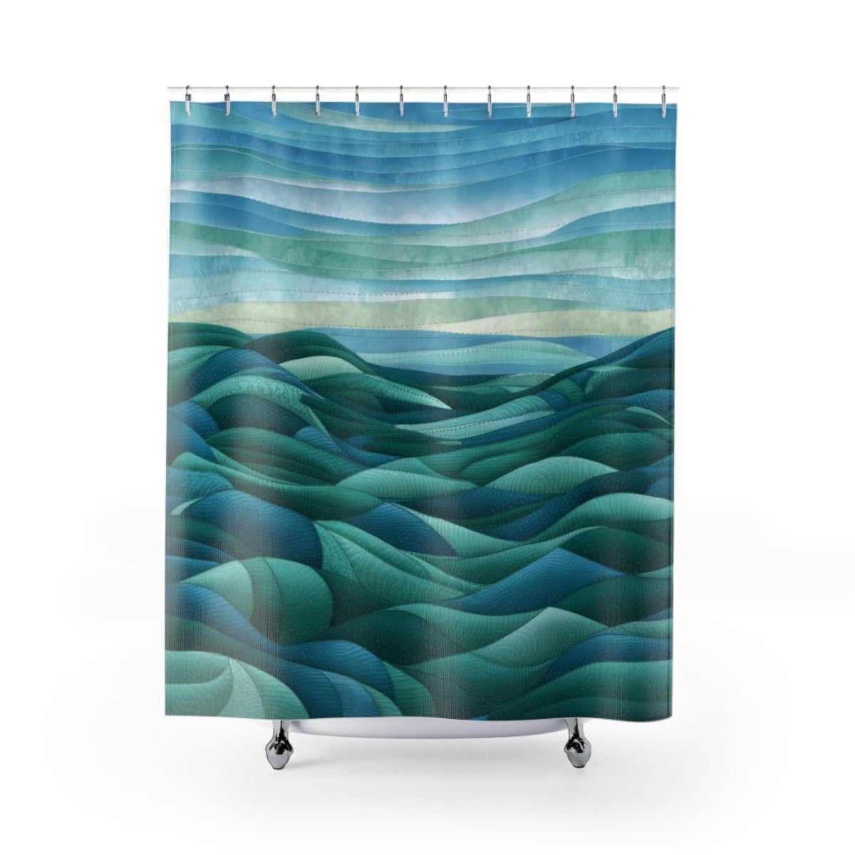 A quilting-inspired shower curtain with a soothing quilting design on a shower curtain.  A perfect gift for quilters.