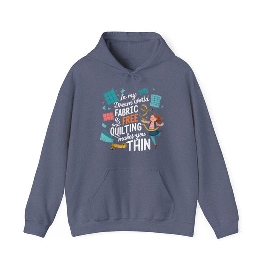 A Heather Navy funny Hoodie with the phrase Fabric is Free and Quilting Makes You Thin in font with a cheerful quilter jumping for joy