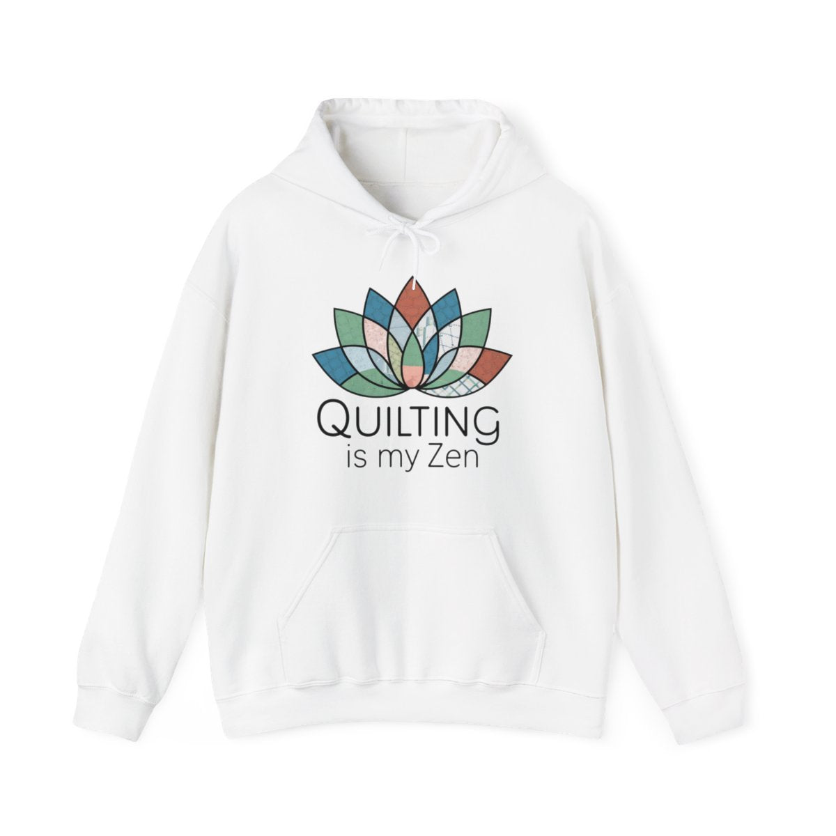 A White funny Hoodie with the phrase Quilting is my Zen on a quilting-themed t-shirt with a lotus flower design made of various quilt patterns and textures. 