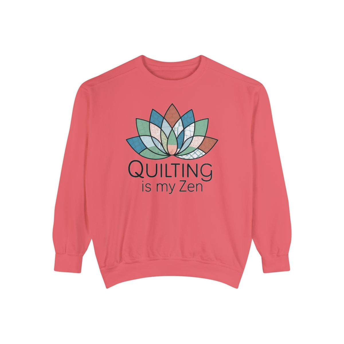 A Watermelon funny Sweatshirt with the phrase Quilting is my Zen on a quilting-themed t-shirt with a lotus flower design made of various quilt patterns and textures. 