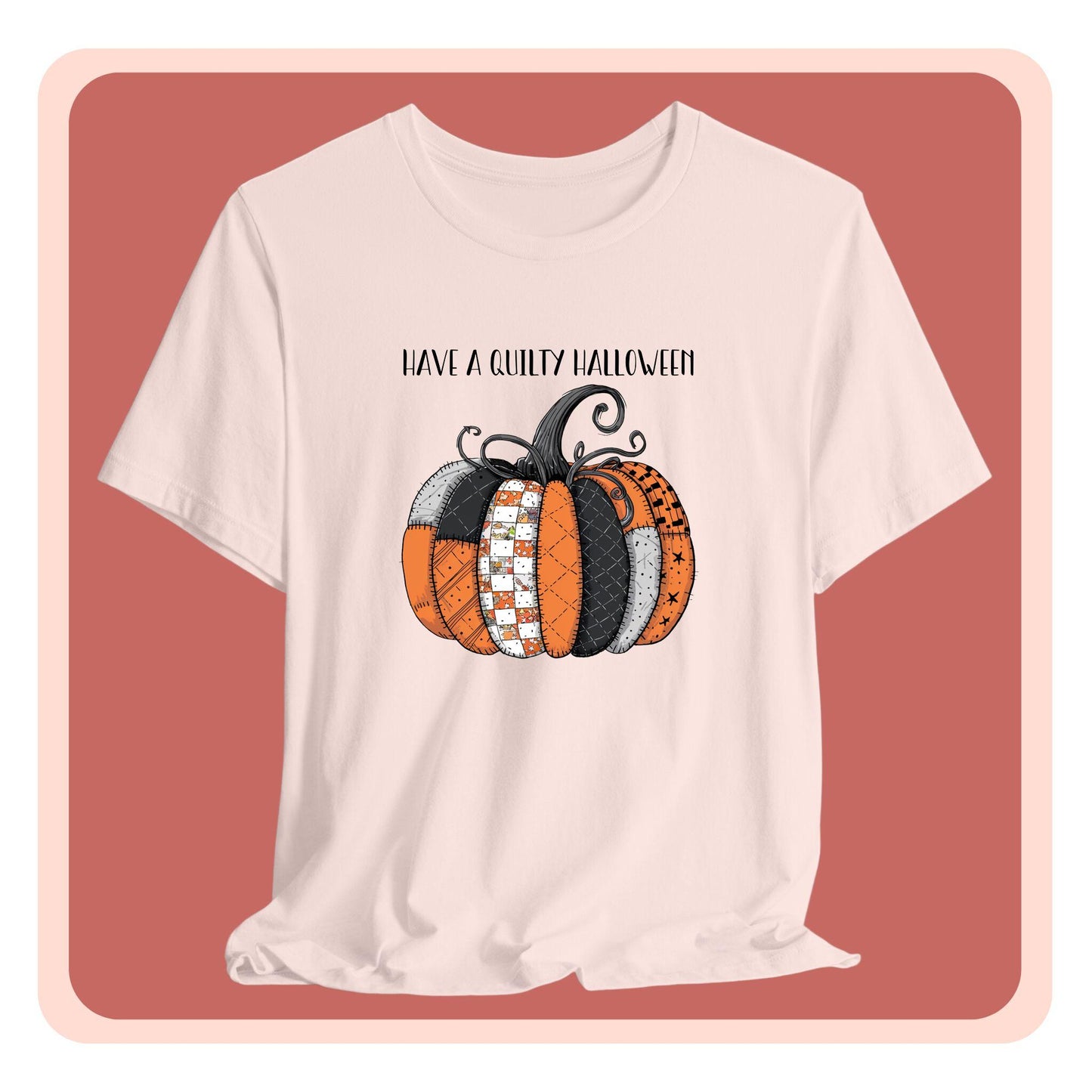 A Halloween Quilting T-Shirt featuring patchwork pumpkin with various quilt patterns. Mix of Halloween and traditional quilt motifs. Intricate stitching details. Text reads "Have a Quilty Halloween". Ideal for quilters who love Halloween.