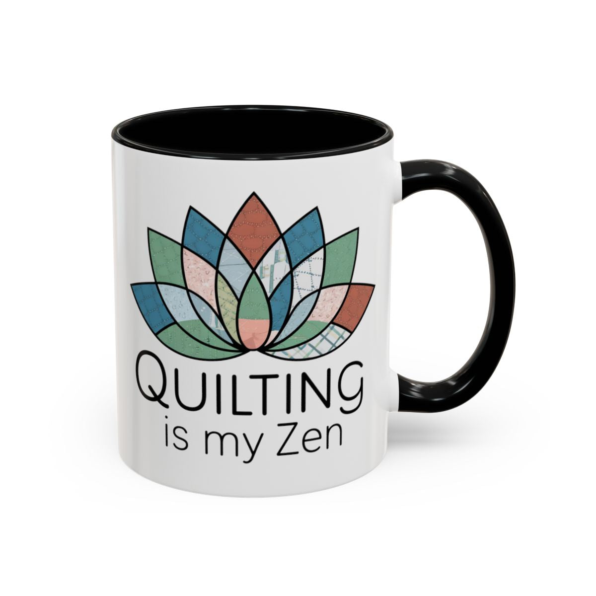 A Black funny Ceramic Mug with the phrase Quilting is my Zen on a quilting-themed t-shirt with a lotus flower design made of various quilt patterns and textures. 