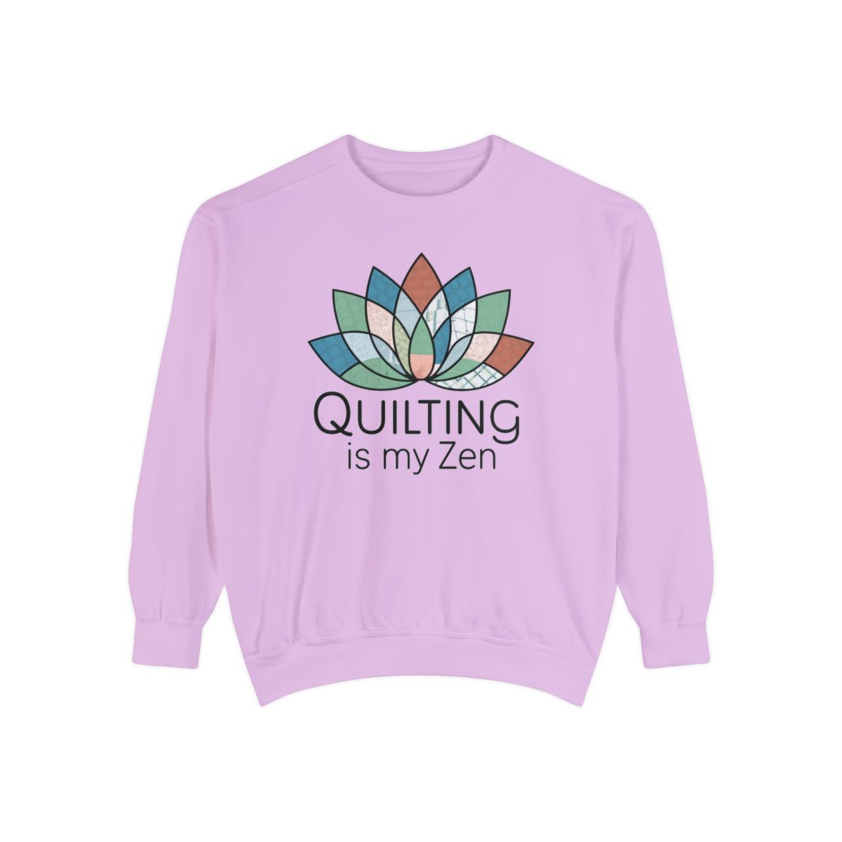 An Orchid funny Sweatshirt with the phrase Quilting is my Zen on a quilting-themed t-shirt with a lotus flower design made of various quilt patterns and textures. 