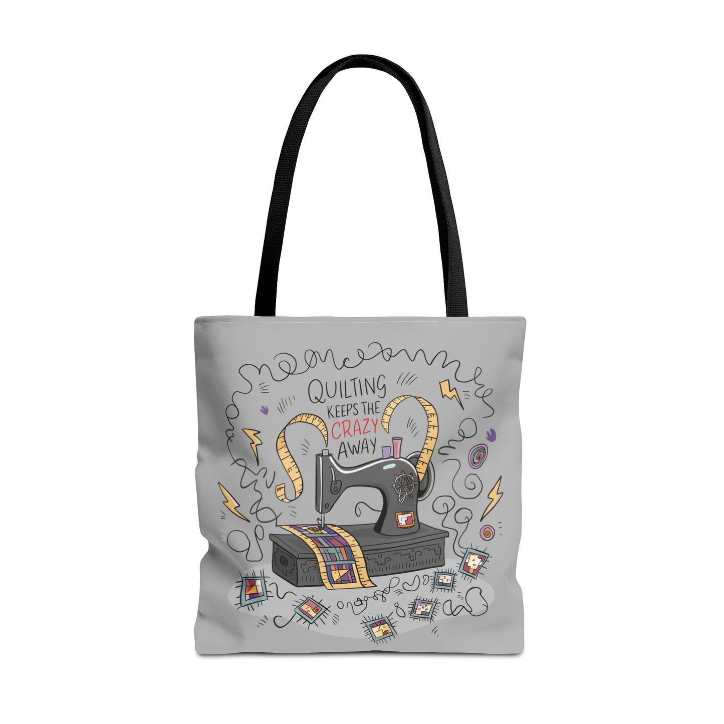 A quilting tote bag with a delightful quilting theme. Let your love of quilting keep the craziness at bay with this fun and quirky "Quilting Keeps the Crazy Away" 18" x 18" tote bag! Featuring a wild, crazy-looking sewing machine surrounded by scattered thread, this playful design perfectly captures the chaotic but calming nature of quilting. Whether you're juggling fabric, patterns, or just everyday life, this tote reminds you that quilting is the perfect way to keep things under control.