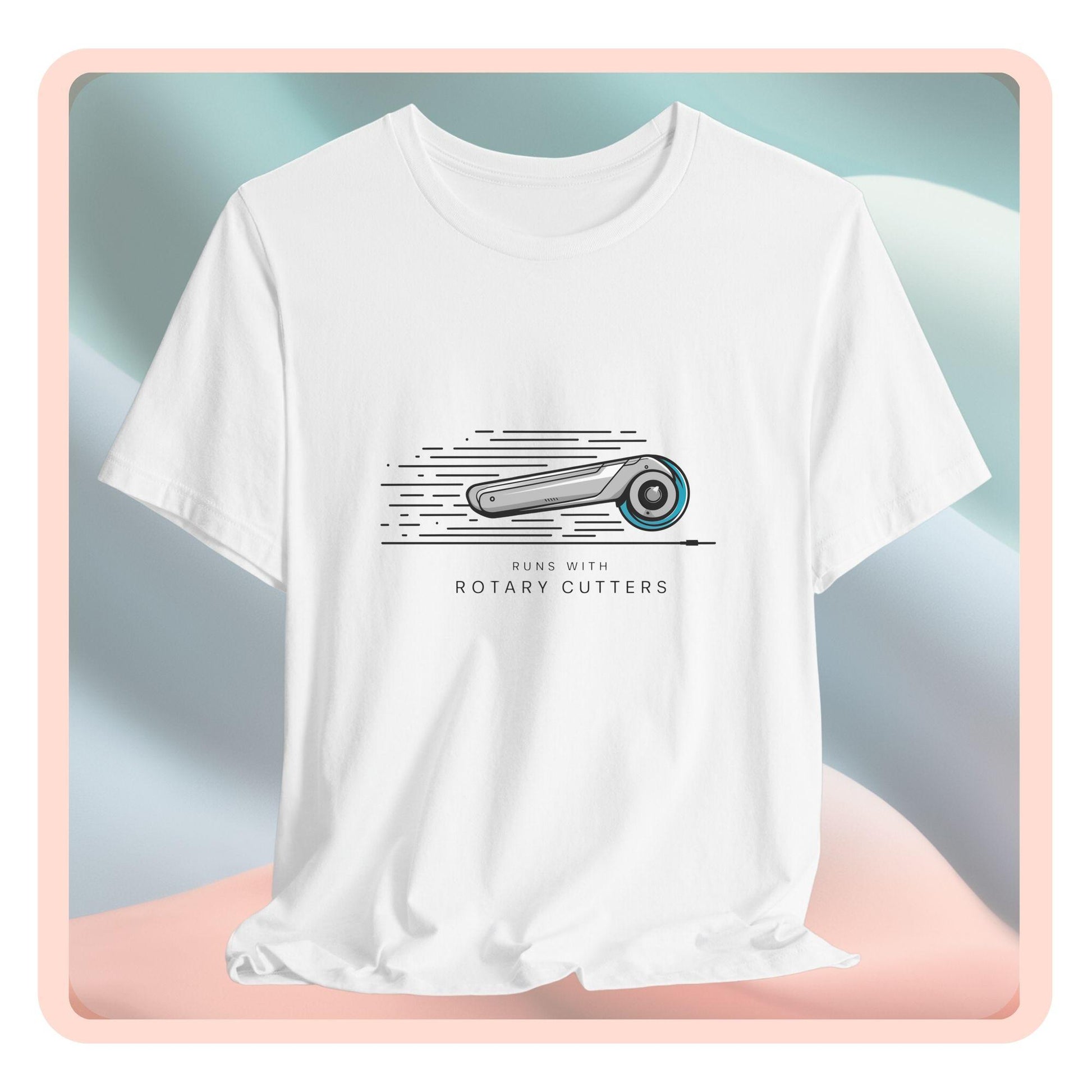 A T-shirt featuring minimalist graphic of a sleek rotary cutter in motion with speed lines. Text below reads "RUNS WITH ROTARY CUTTERS" in a modern font.