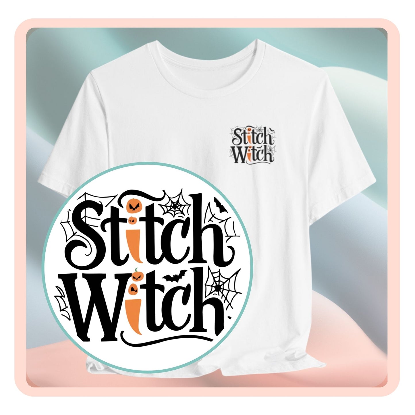 A Halloween Quilting T-Shirt featuring "Stitch Witch" text in Halloween-themed typography. Jack-o'-lanterns, spiderwebs, and bats decorate the letters. The "i" in "Stitch" resembles a sewing needle. Ideal for quilters who love Halloween.