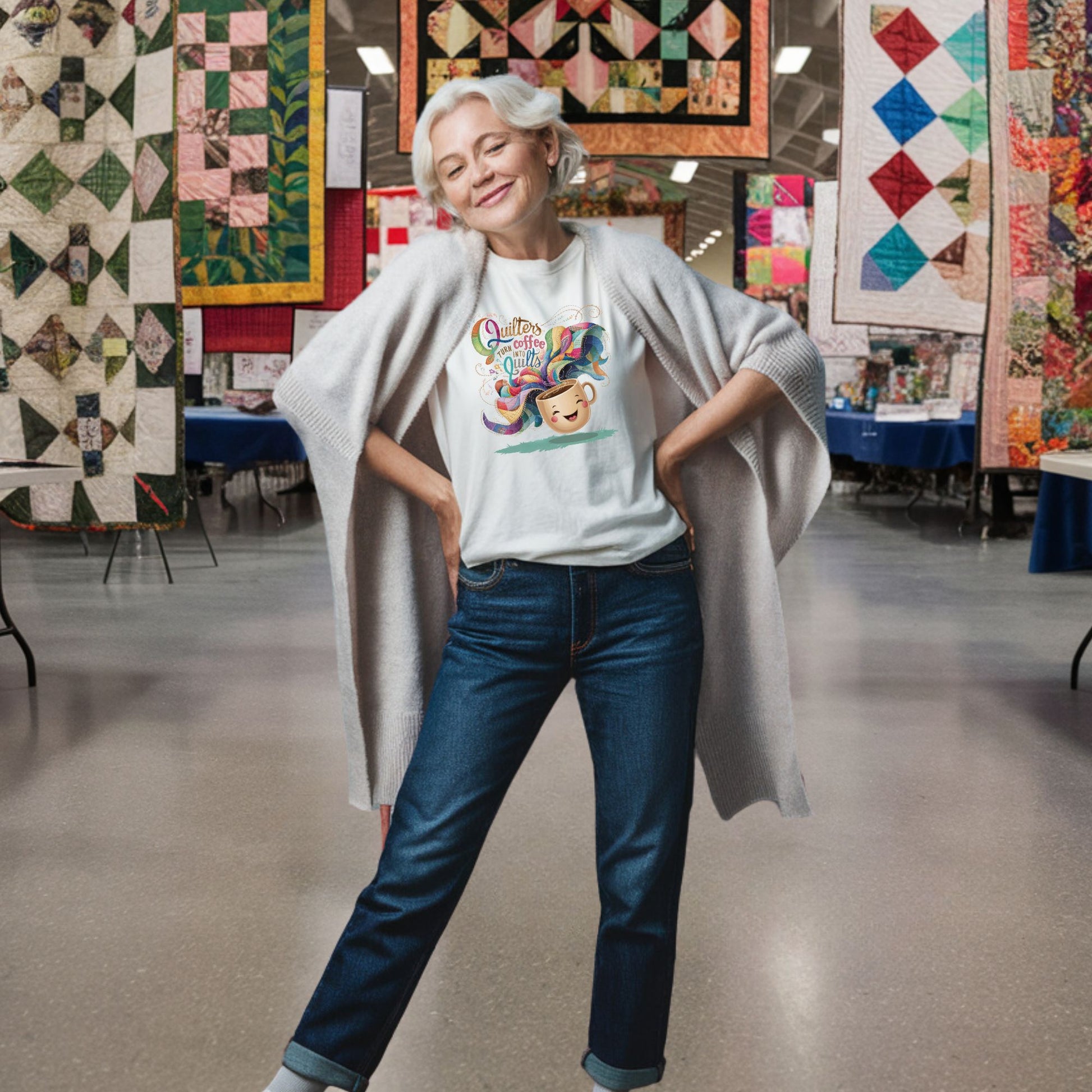 A funny quilting T-Shirt with the phrase Quilters Turn Coffee Into Quilts showing a fun coffee cup and quilting design