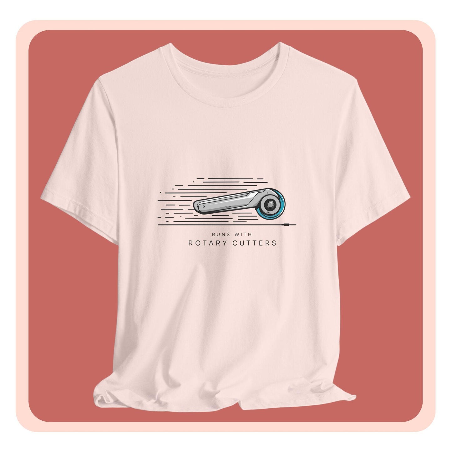 A T-shirt featuring minimalist graphic of a sleek rotary cutter in motion with speed lines. Text below reads "RUNS WITH ROTARY CUTTERS" in a modern font.