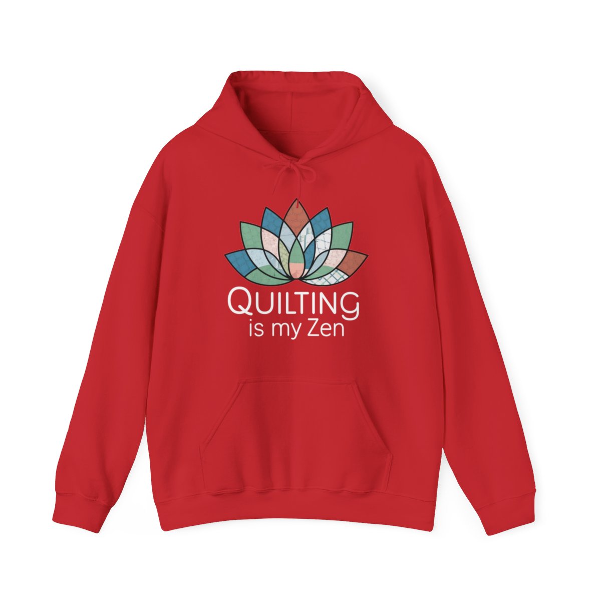 A Red funny Hoodie with the phrase Quilting is my Zen on a quilting-themed t-shirt with a lotus flower design made of various quilt patterns and textures. 