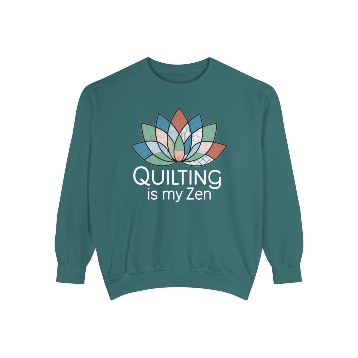 A Blue Spruce funny Sweatshirt with the phrase Quilting is my Zen on a quilting-themed t-shirt with a lotus flower design made of various quilt patterns and textures. 