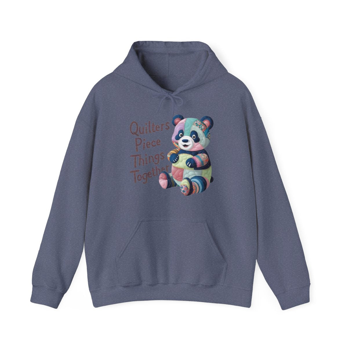 A Heather Navy funny Hoodie with the phrase Quilters Piece Things Together with a patchwork panda design . The panda is made of colorful fabric scraps stitched together, creating a whimsical and crafty appearance. Perfect for quilting enthusiasts with a sense of humor.