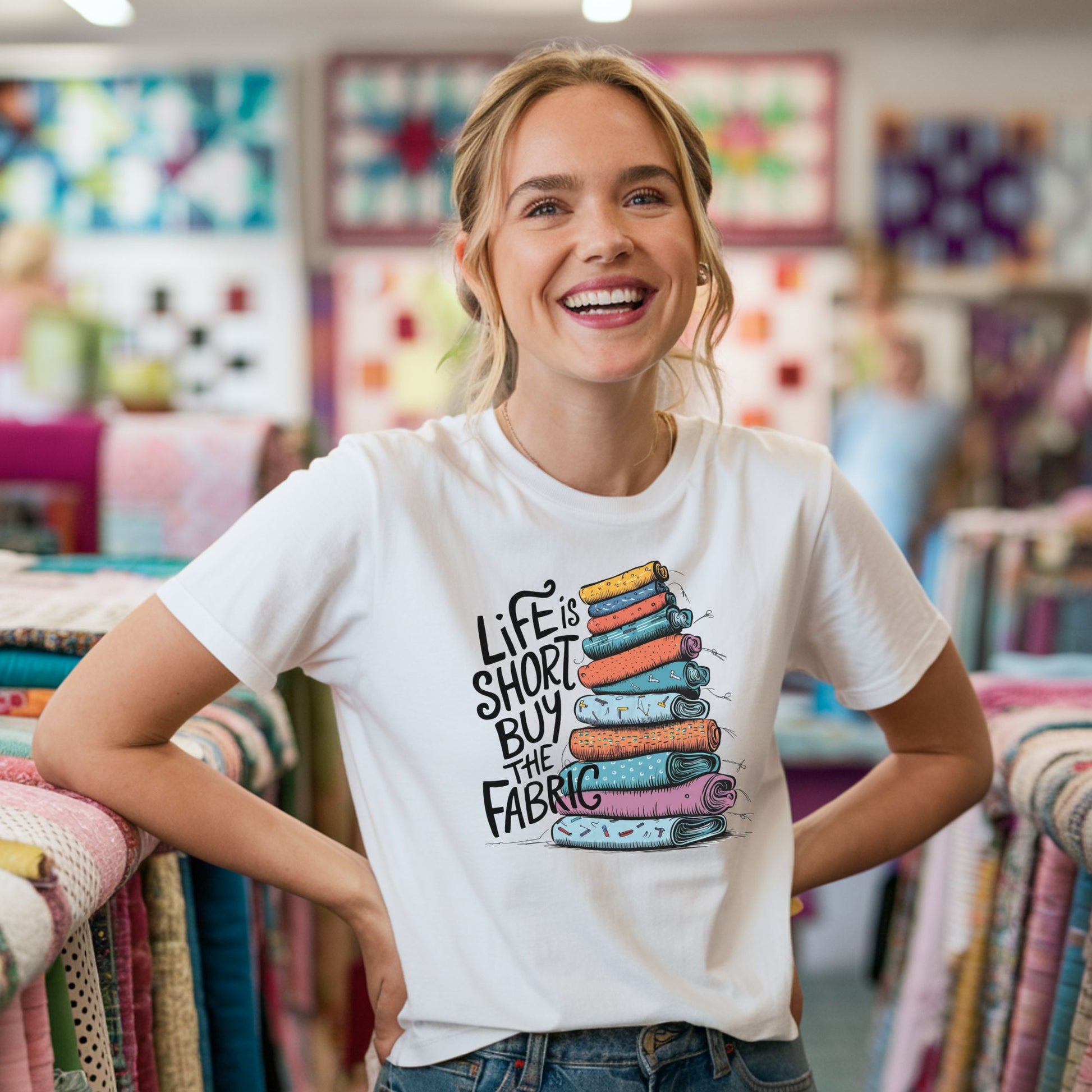 A fun T-Shirt with the phrase Life is Short, Buy the Fabric with the label 'Life is Short, Buy the Fabric' next to a graphic of a fun pile of fabric