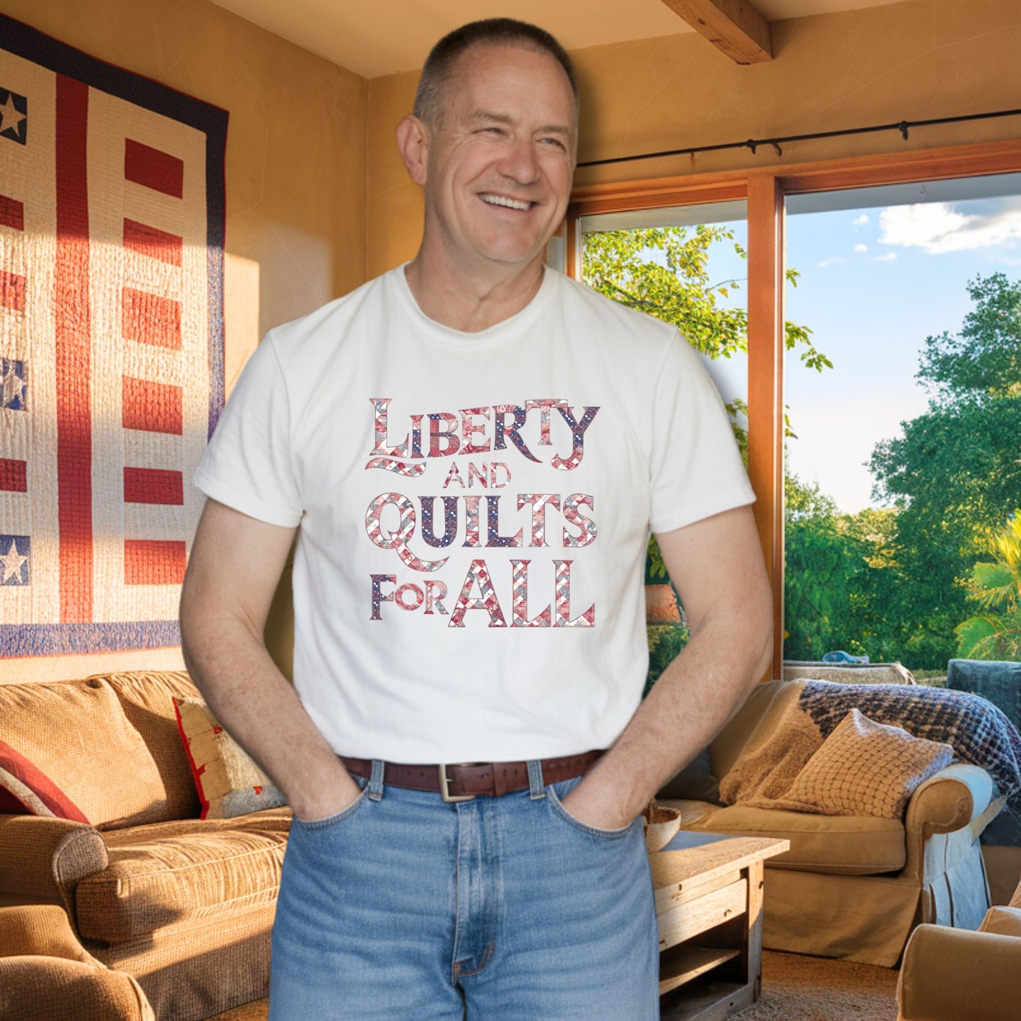 A T-shirt featuring text "LIBERTY AND QUILTS FOR ALL" in large decorative letters filled with various quilt patterns in red, white, and blue.