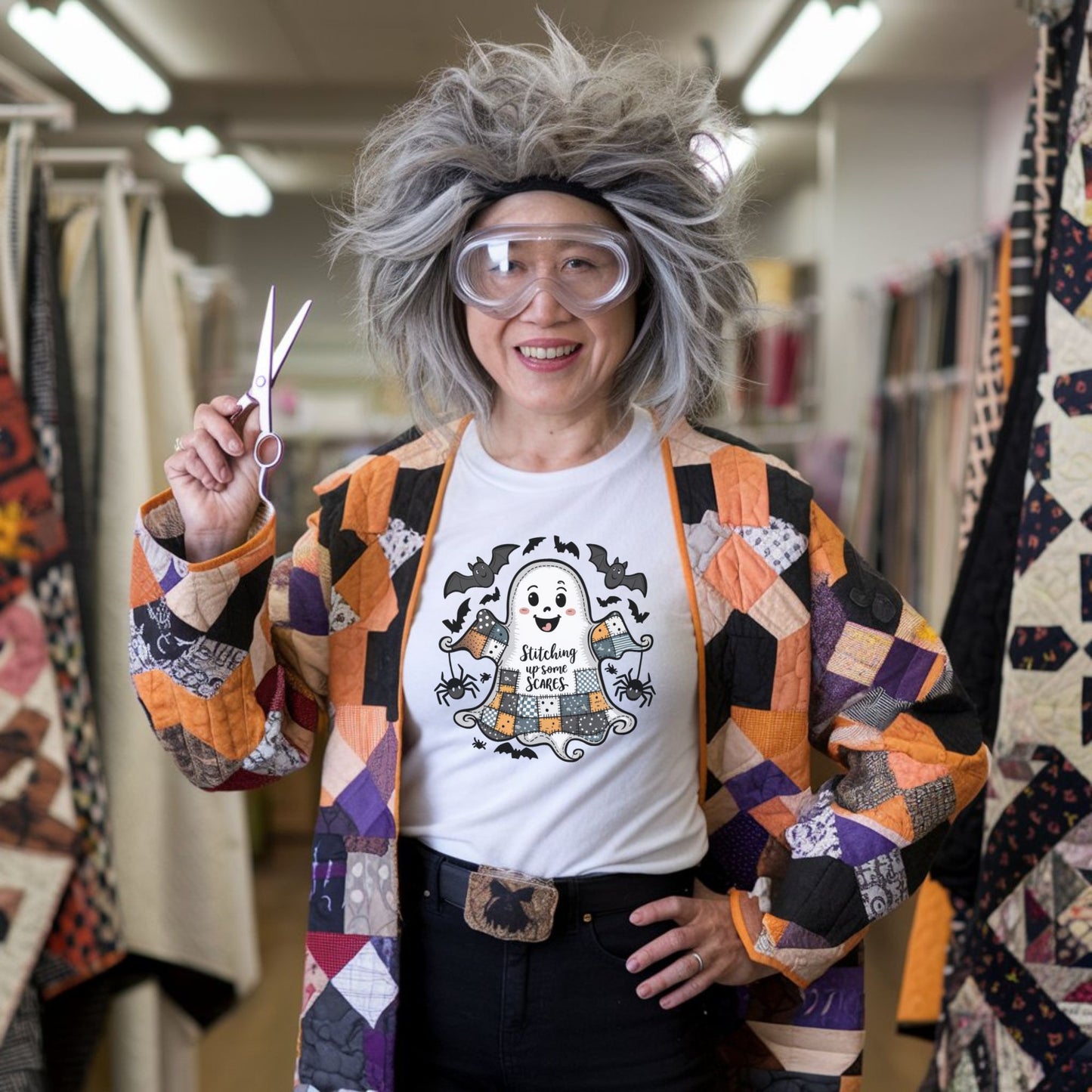 A Halloween Quilting T-Shirt featuring a smiling ghost with quilted patchwork body. Halloween-themed quilt patterns. Cute bats and spiders around ghost. Text reads "Stitching up some Scares". Ideal for quilters who enjoy Halloween themes.