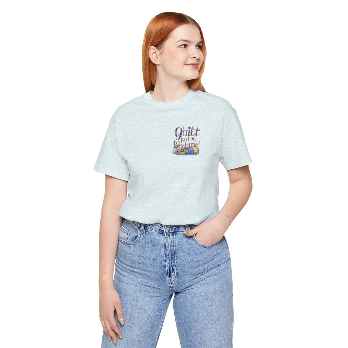 A Heather Ice Blue funny quilting t-shirt with playful typography reading "I Quilt Past My Bedtime". Features quilting-themed elements like patchwork patterns and a sewing machine, perfect for enthusiastic quilters who enjoy late-night crafting sessions.