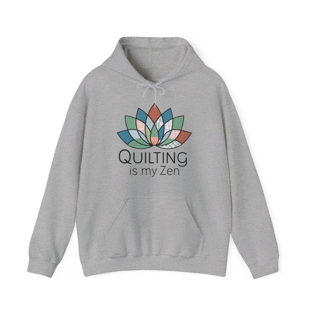 A Sport Grey funny Hoodie with the phrase Quilting is my Zen on a quilting-themed t-shirt with a lotus flower design made of various quilt patterns and textures. 