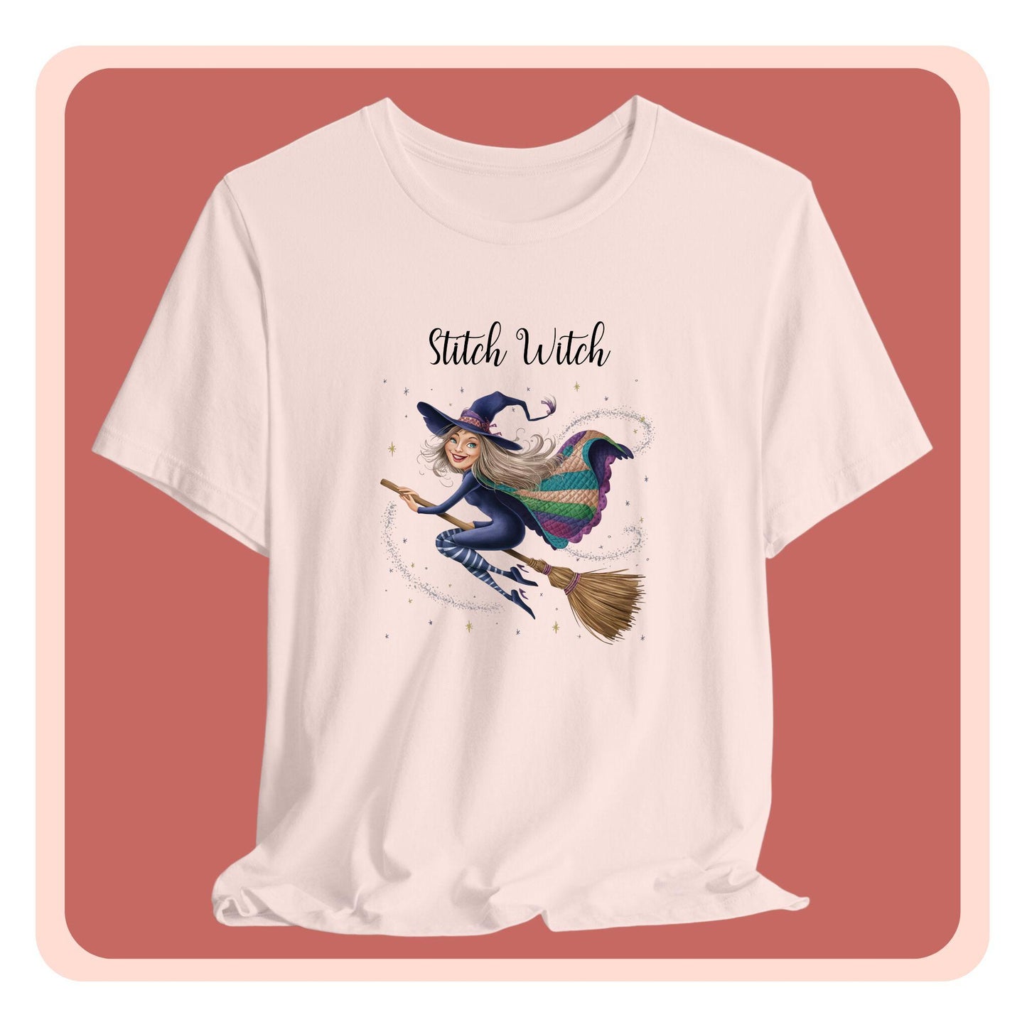 A Halloween Quilting T-Shirt featuring a witch riding broomstick on t-shirt design. Colorful patchwork quilt cape with various patterns. Sparkling magic and stars. Text reads "Stitch Witch". Ideal for quilters who enjoy magical themes.