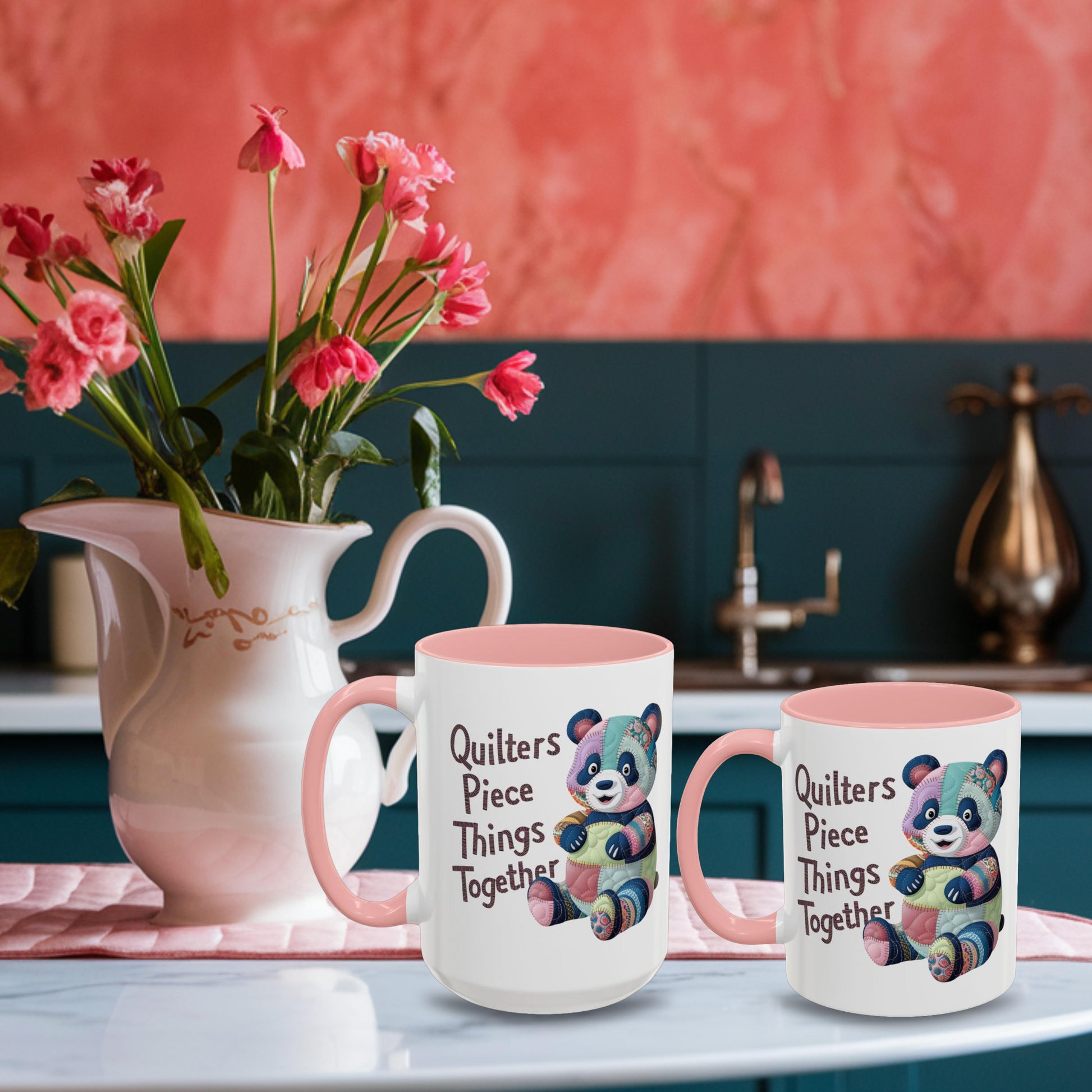 A funny Ceramic Mug with the phrase Quilters Piece Things Together with a patchwork panda design . The panda is made of colorful fabric scraps stitched together, creating a whimsical and crafty appearance. Perfect for quilting enthusiasts with a sense of humor.