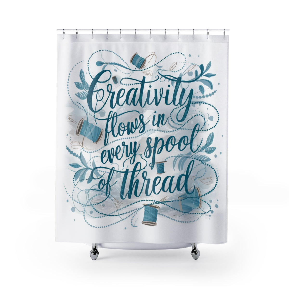 A quilting-inspired shower curtain with a sweet illustrated quilting design in calming blues with sewing illustrations.  A perfect gift for quilters.