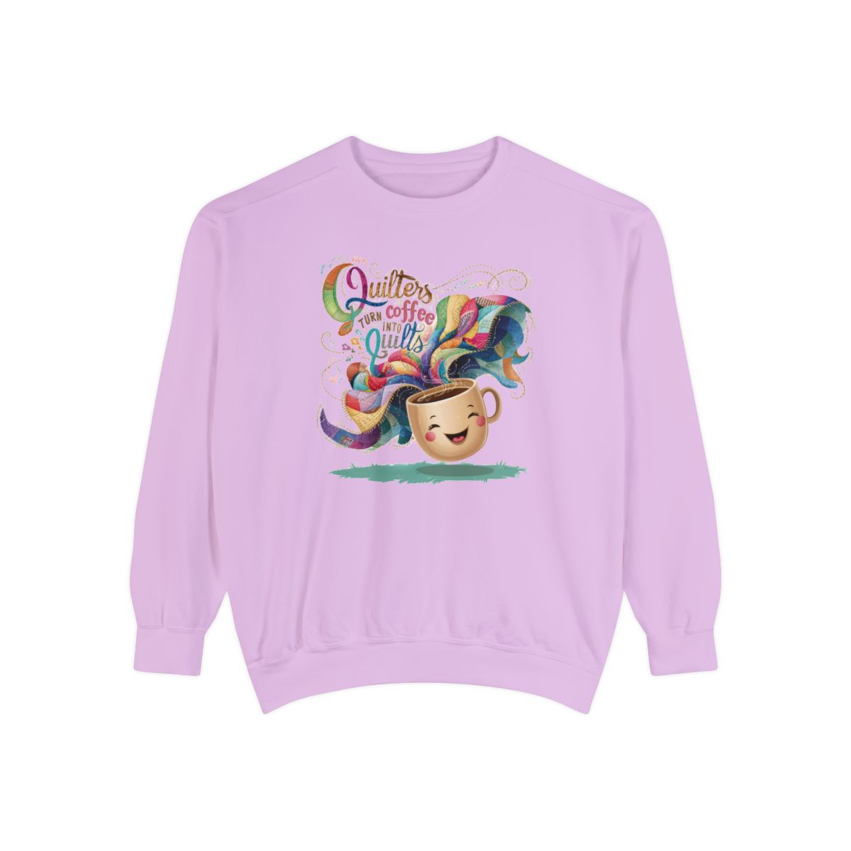 An Orchid funny Sweatshirt with the phrase Quilters Turn Coffee Into Quilts showing coffee cup and quilting design