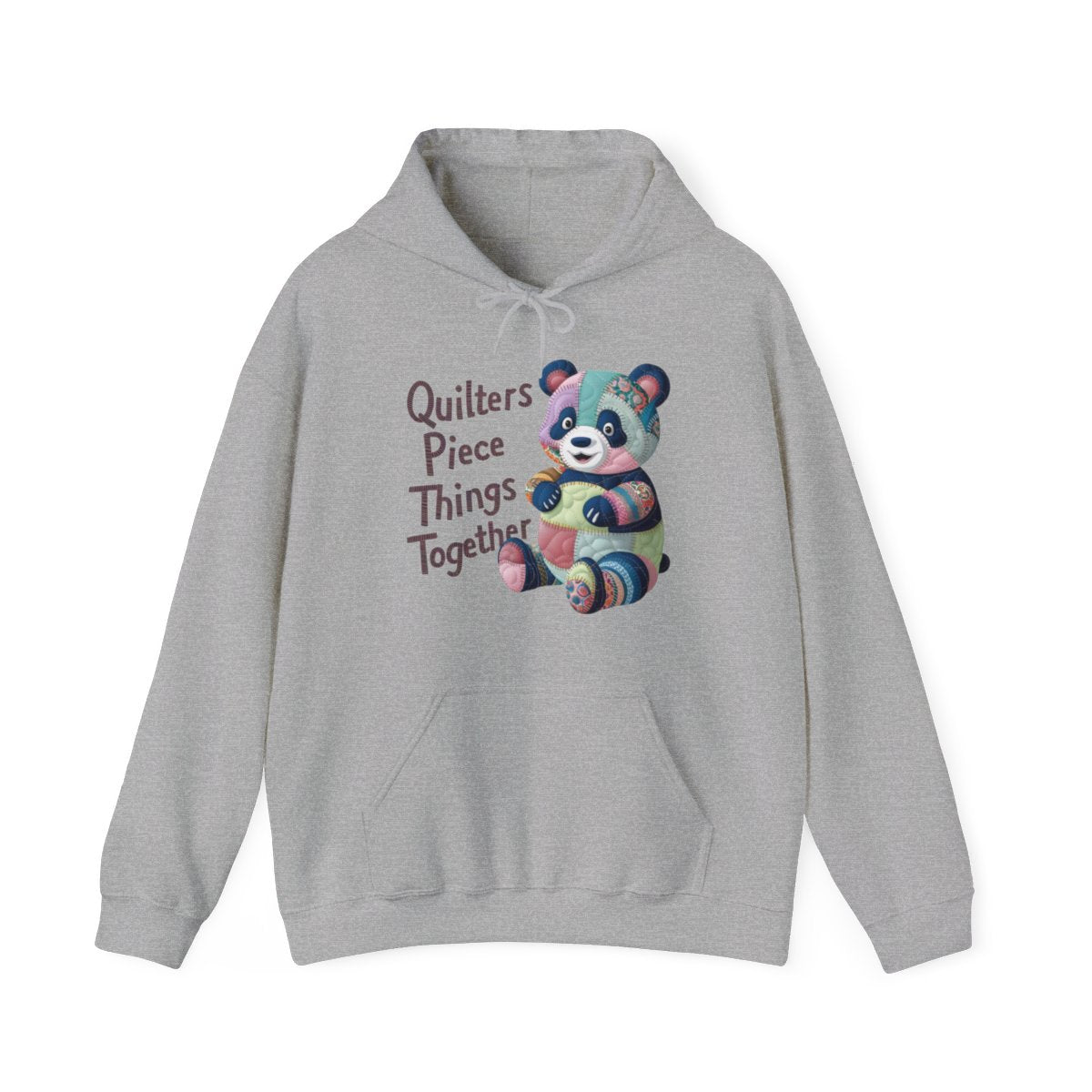 A Sport Grey funny Hoodie with the phrase Quilters Piece Things Together with a patchwork panda design . The panda is made of colorful fabric scraps stitched together, creating a whimsical and crafty appearance. Perfect for quilting enthusiasts with a sense of humor.