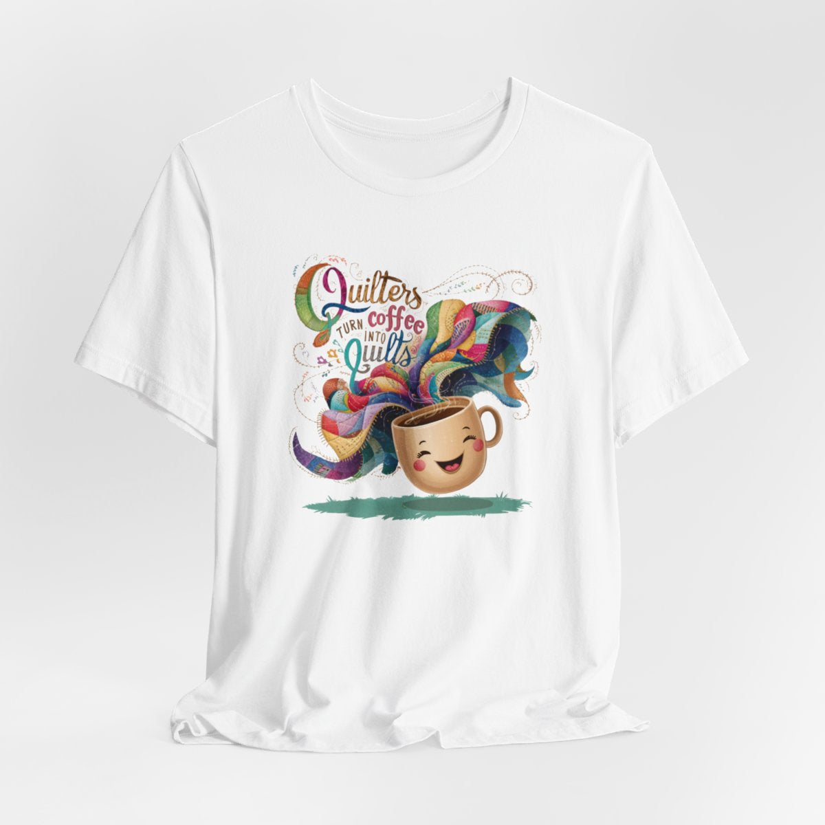 A White funny quilting T-Shirt with the phrase Quilters Turn Coffee Into Quilts showing a fun coffee cup and quilting design