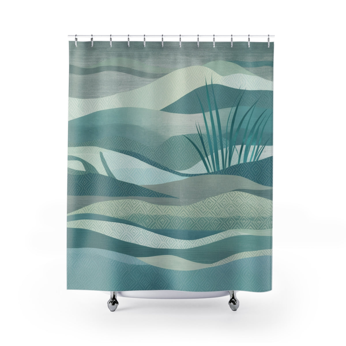 A quilting-inspired shower curtain with a tranquil shower curtain in greens and teals showing a quilted ocean scene.  A perfect gift for quilters.