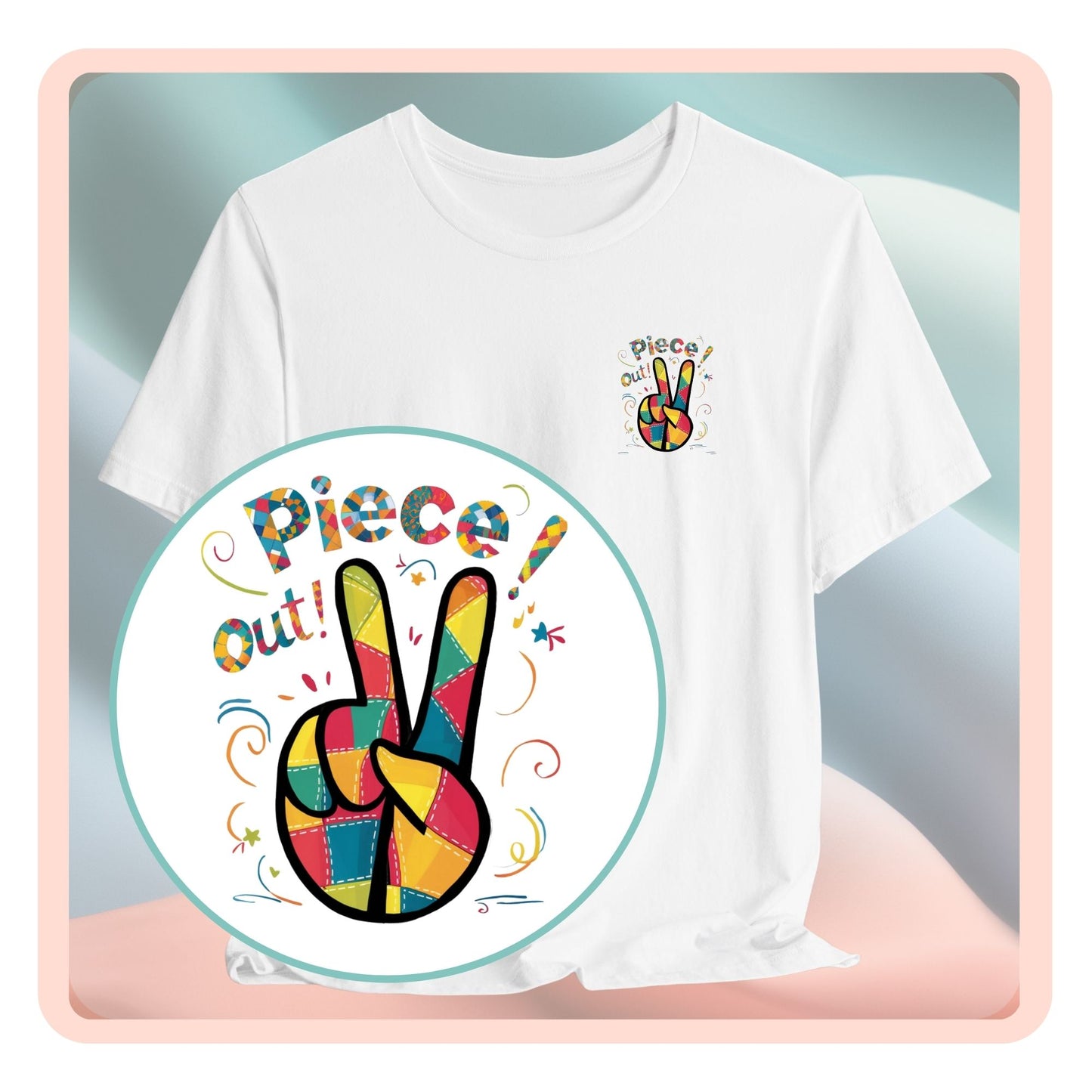 A funny quilting  t-shirt design featuring a patchwork peace sign hand gesture. The phrase "piece out!" is displayed in quilted-style lettering above the hand. Vibrant colors and quilt-like stitching patterns fill the peace sign, surrounded by playful swirls and star shapes, embodying the joyful spirit of quilting.